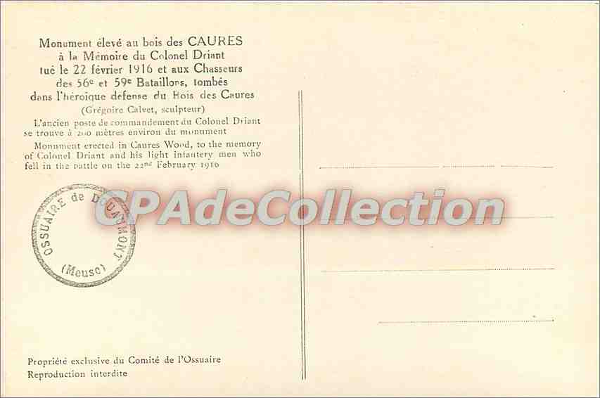 CPA Monument eleve au bois des Caures a la Memoire du Colonel Driant tue le 22 fevrier 1916 et aux C — Verso