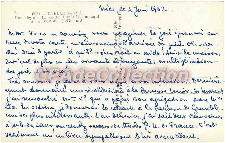 Utelelle (A.M.) — Vue depuis la route forestière menant à la Madone (1.174 m) — Y. Duperre — Verso