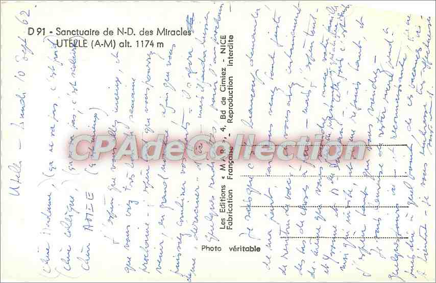 Sanctuaire de N-D. des Miracles — UTEILLE (A-M) alt. 1174 m — Les Éditions Françaises — Rückseite