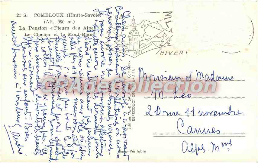 Combloux (Haute-Savoie) — La Pension « Fleurs des Alpes », le clocher et le Mont-Blanc — Hiveri — Reverso