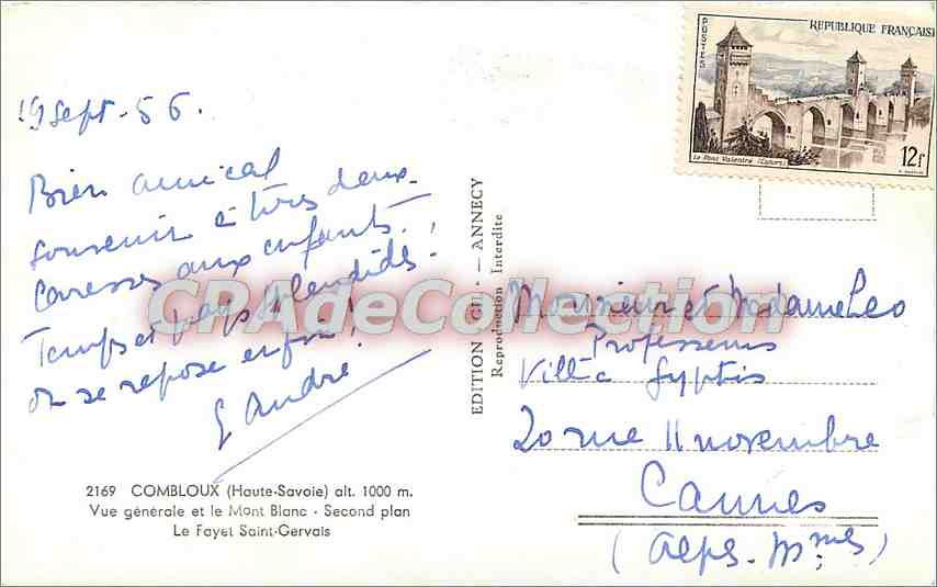 CPA Combloux (Hautes Savoie) alt 1000 m vue generale et le Mont Blanc second plan les Fayet Saint Ge — Verso