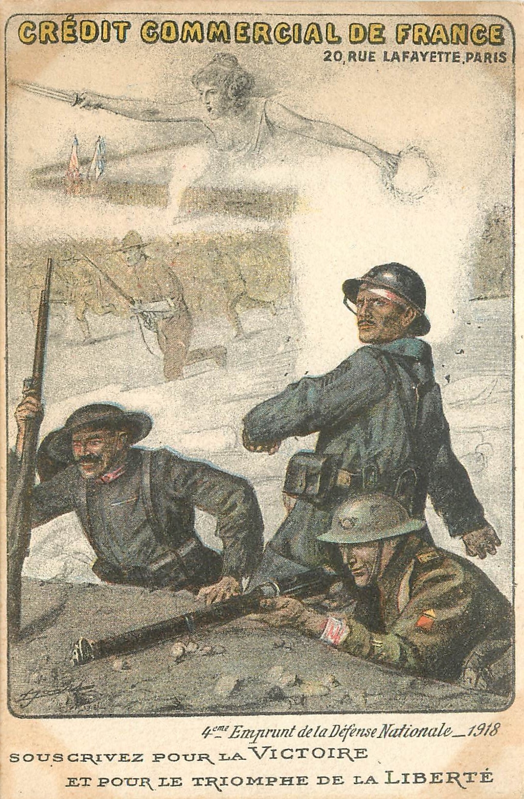 Soldats en action — 4ème Emprunt de la Défense Nationale 1918 — Crédit Commercial de France, 20 Rue Lafayette, Paris