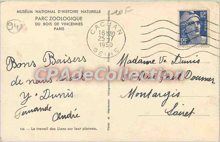 Spectacle de lions — Muséum national d'Histoire naturelle, Parc zoologique du Bois de Vincennes — n° 156 — Reverso