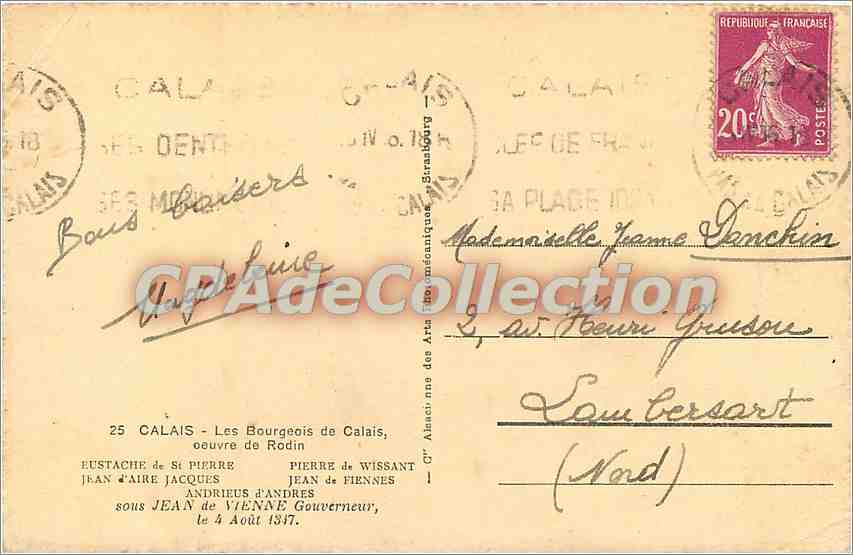 CPA Calais les Bourgeois de Calais oeuvre de Rodin — Rückseite