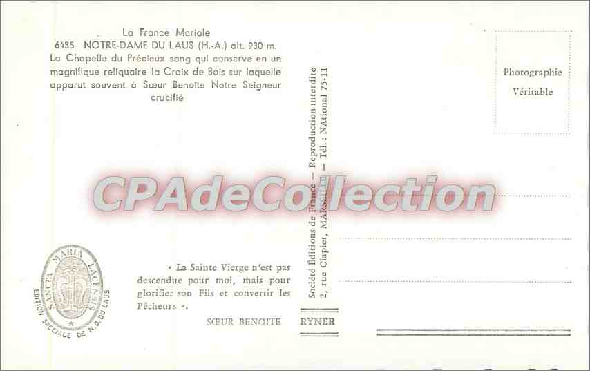 La France Mariole — Notre-Dame du Laus, chapelle avec reliquaire du Christ crucifié — Éditions de France, série 6435 — Rückseite