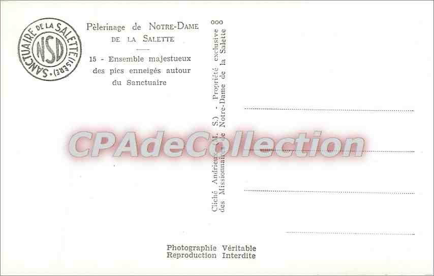 Heiligtum Notre-Dame de la Salette — Majestätisches Ensemble der schneebedeckten Gipfel um das Heiligtum — Verlag: Missionare von Notre-Dame de la Salette — Rückseite