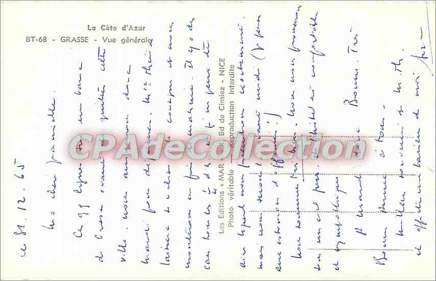 CPA La Cote d'Azur Grasse Vue generale — Rückseite