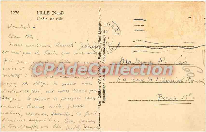 CPA Lille (Nord) L'hotel de Ville — Verso