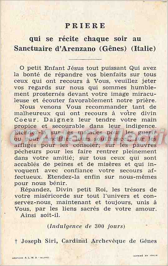 L'Enfant Jésus — vénéré à Arenzano (Gênes - Italie) — dans la Basilique-Sanctuaire des Pères Carmes Déchaussés — Reverso