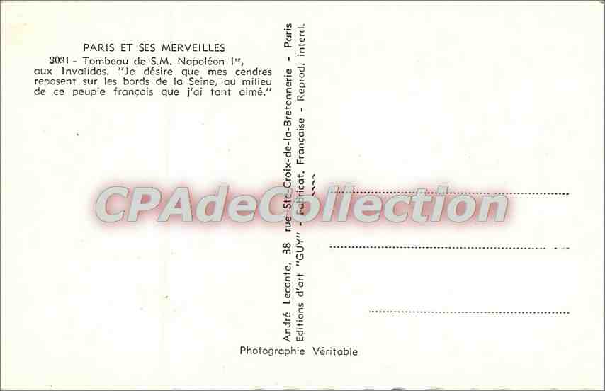 CPA Paris Et ses Merveilles Tombeau de SM Napoleon Ier — Verso