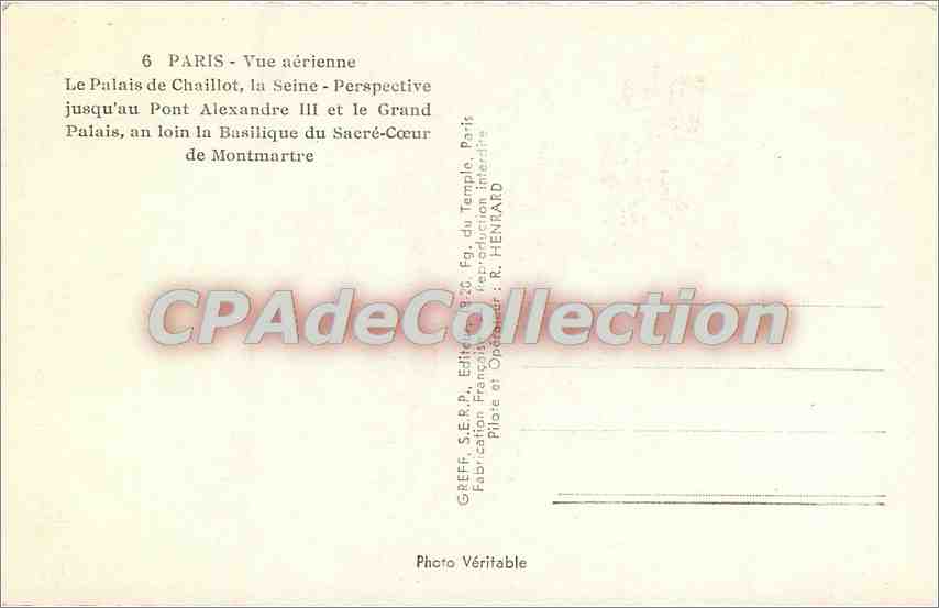 CPA Paris Vue aerienne Le Palais de Chaillot la Seine Perspective — Rückseite