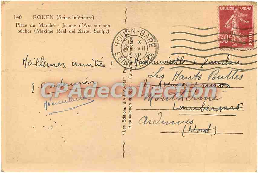 CPA Rouen (Seine Inferoeure) Place du Marche Jeanne D'Arc sur son bucher (Maxime Real del Sarte Scul — Verso