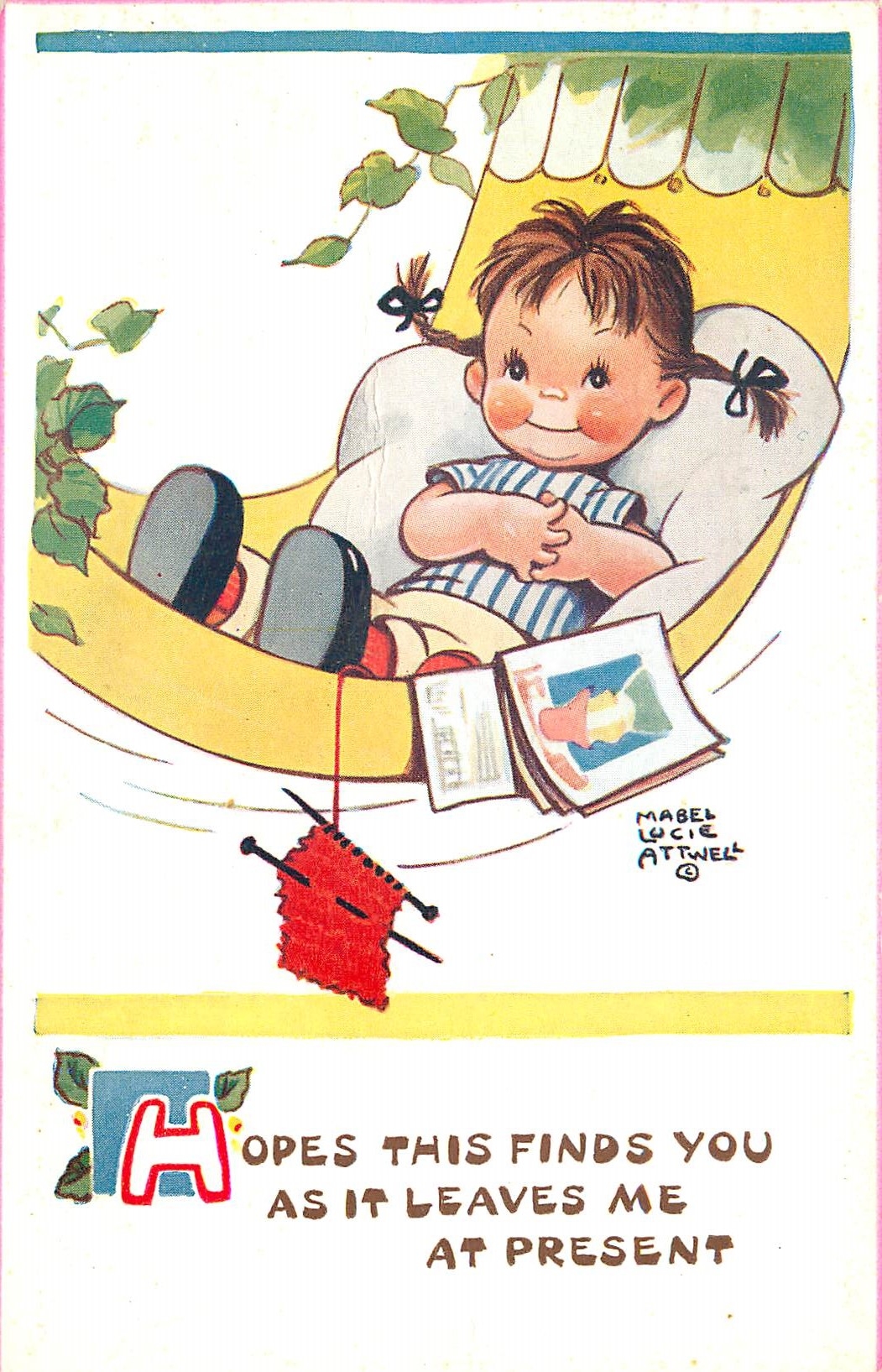 Enfant dans un hamac — illustration de Mabel Lucie Attwell — carte postale