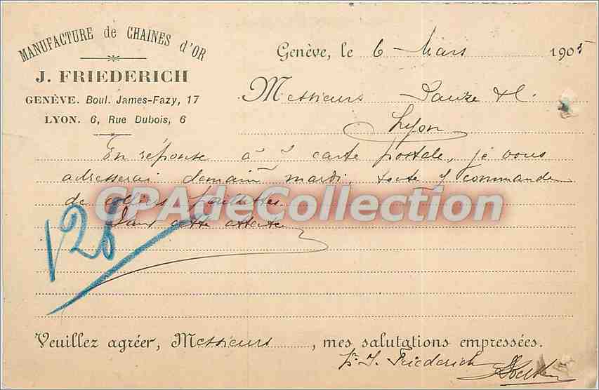 Manufacture de Chaînes d'Or — J. Friederich — Genève, 6 mars 1905