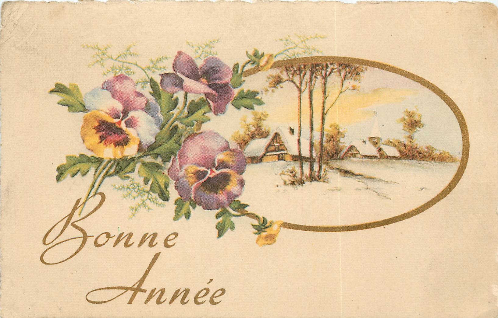 Pansies et paysage hivernal — Bonne Année — M.D. Paris, n°350 - Anverso