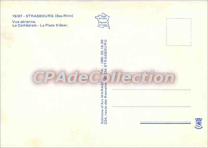 Strasbourg (Bas-Rhin) — Vue aérienne de la Cathédrale et de la Place Kléber — Éditions d'Art MARASCO — Verso
