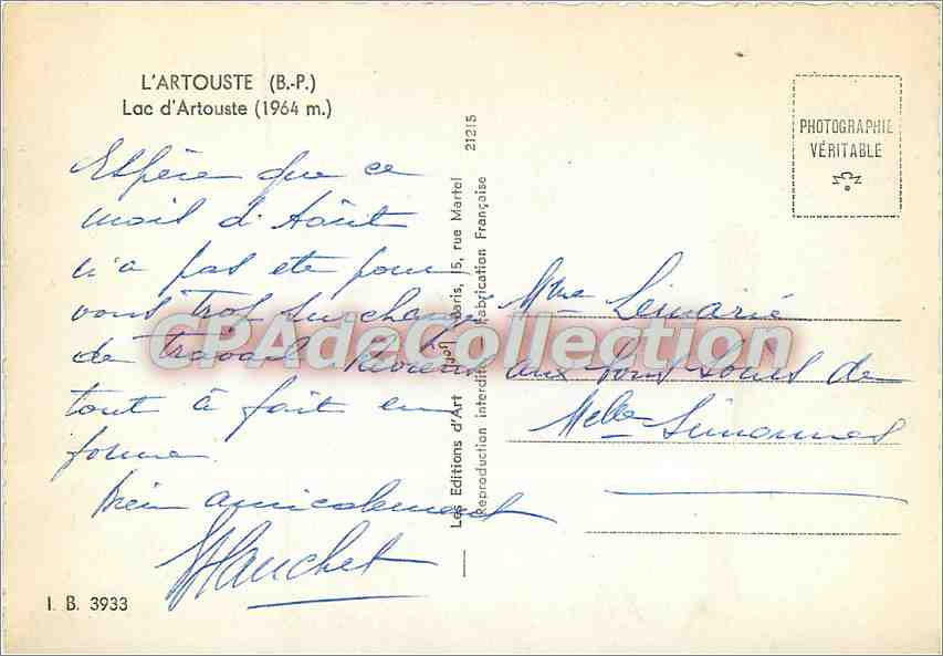 CPSM L'Artouste (B P) Lac d'Artouste (1964 m) — Rückseite