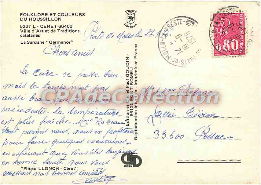 CPSM Folklore et Couleurs du Roussillon Ceret Ville d'Art et de Traditions Catalanes la Sardane Germ — Back
