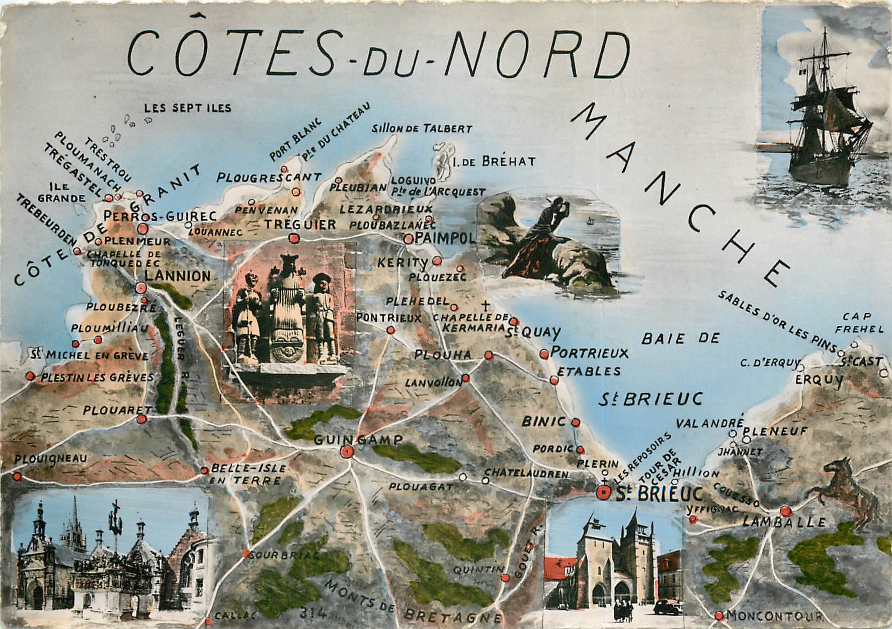 Côtes-du-Nord — Illustrierte Ansichtskarte mit Blick auf die Küste, Inseln und Denkmäler — Cie des Arts Photomécanique, Paris