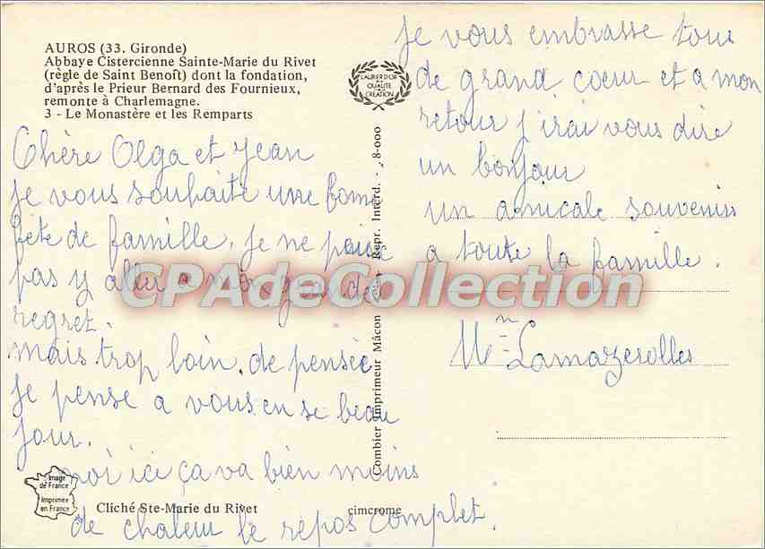 CPSM Auros (Gironde) Abbaye Cistercienne Sainte Marie du Rivet — Achterkant