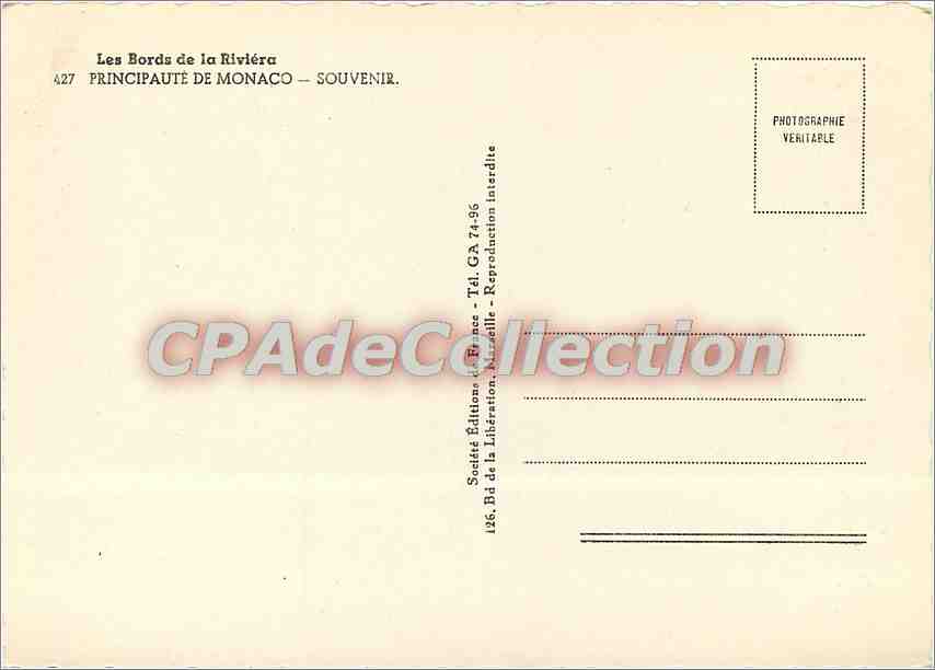 CPSM Les Bords de la Riviera Principaute de Monaco Souvenir — Rückseite