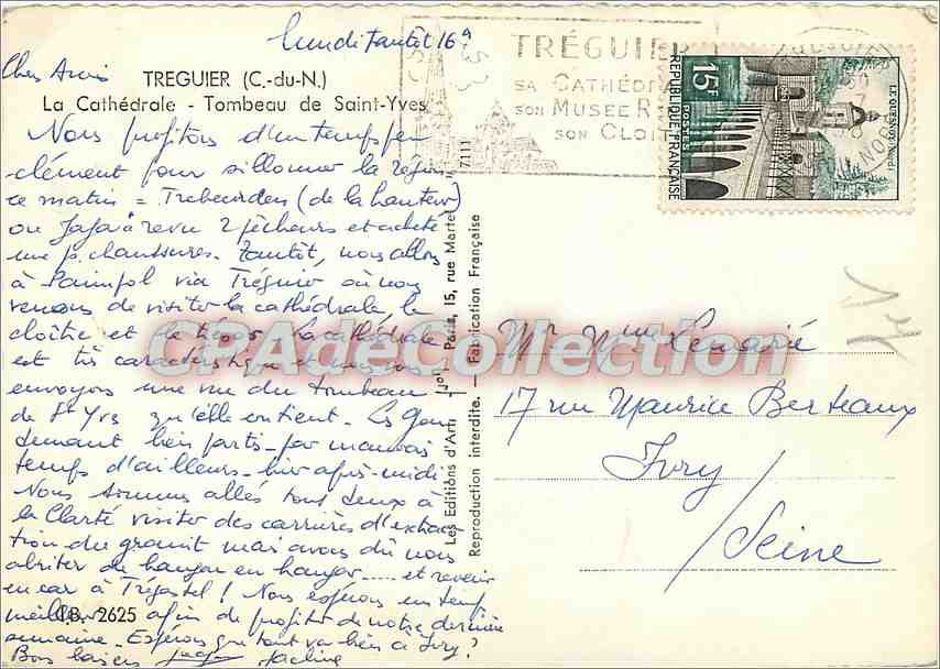 CPSM Treguier (C du N) La Cathedrale Tombeau de Saint Yves — Rückseite