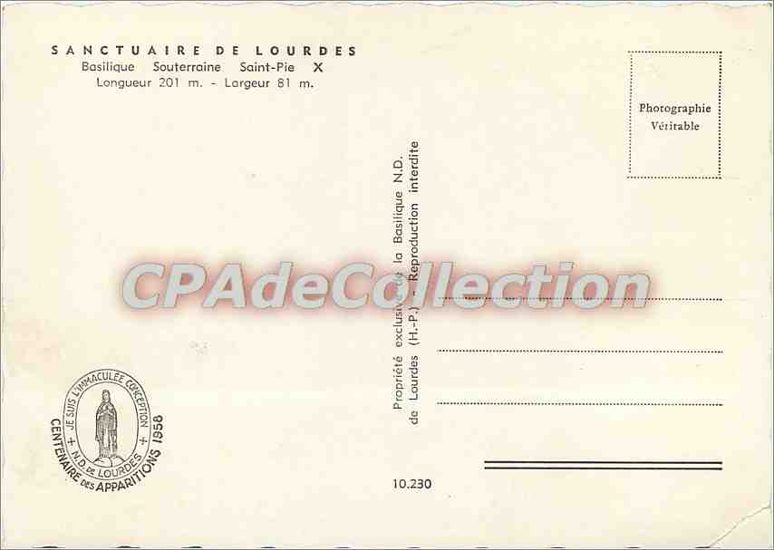 Sanctuary of Lourdes — Underground Basilica — Publisher N.D. No. 10.230 — Back