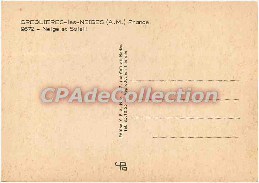 Greolieres-les-Neiges (A.M.) — paysage enneigé avec chalet — Édition Y.P.A. Nice — Verso