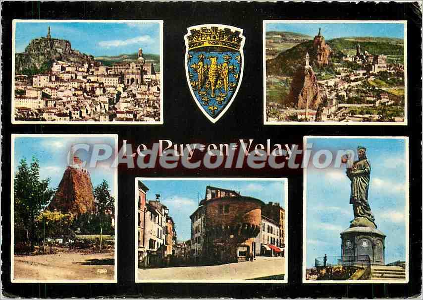 Le Puy-en-Velay — vue générale avec blason, rochers d'Aiguilhe, cathédrale et statue de Notre-Dame de France — Éditions WARGENT-IRELAND