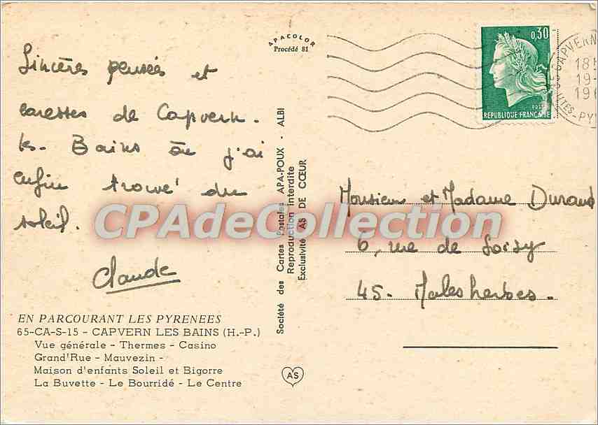 Capvern-les-Bains — vue générale — Société des Cartes Postales — Verso