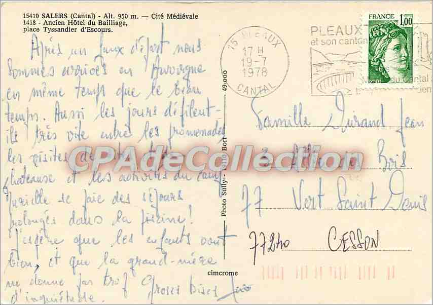 CPSM Salers (Cantal) ALT  950 m cite Mediavale Ancien Hotel du Baillage Place Tyssandier d'Escours — Rückseite