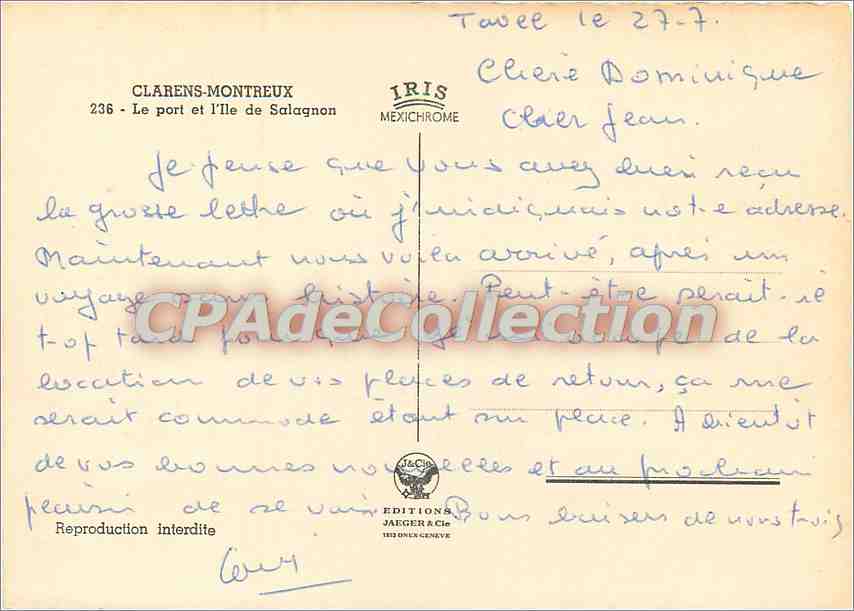 Clarens-Montreux — Le port et l'Île de Salagnon — Éditions Jaeger, Genève — Verso