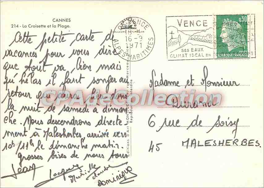 Cannes — La Croisette et la Plage — Éditions d'Art Monnet, n° 214 — Achterkant