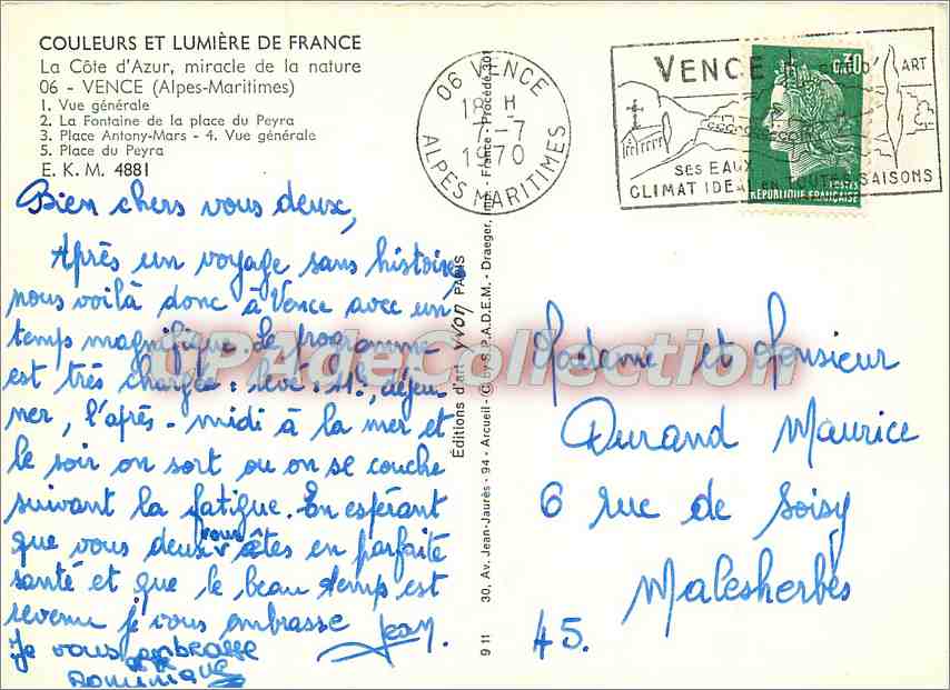 Vence — Allgemeiner Blick, Brunnen und Place du Peyra — Éditions d'Art Jean Jaurès — Rückseite