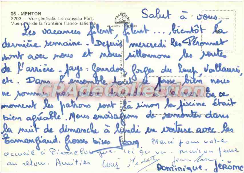 Menton — Vue du nouveau port et de la frontière franco-italienne — Éditeur: Couleurs Naturelles, n° 2203 — Verso