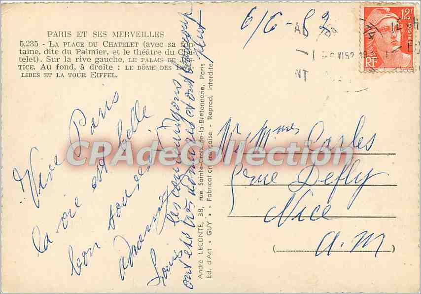CPSM Paris et ses merveilles la Place du Chatelet — Verso