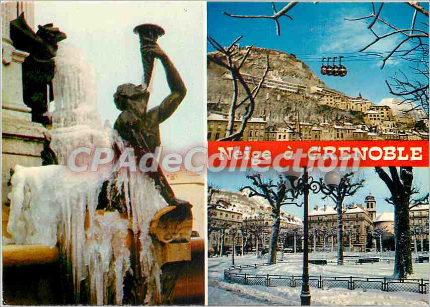 Schnee in GRENOBLE — Fontaine des 100 Jahre Revolution und Seilbahn — Imprimerie S.A.D. B. Sergent Grenoble