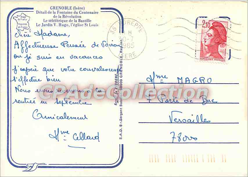 Schnee in GRENOBLE — Fontaine des 100 Jahre Revolution und Seilbahn — Imprimerie S.A.D. B. Sergent Grenoble — Rückseite
