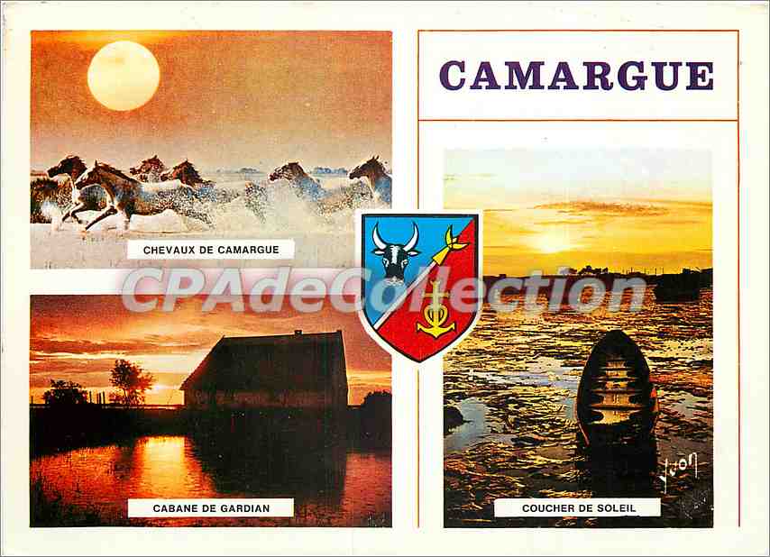 Camargue — Chevaux de Camargue, Cabane de Gardian, Coucher de Soleil — Éditions Jean-Jaurel d'Arcueil