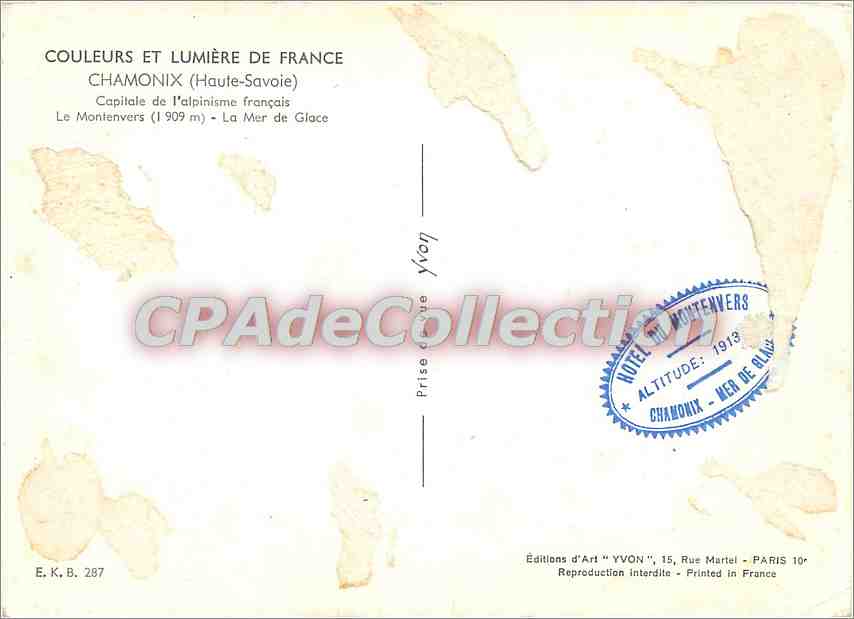 CPSM Chamonix (Hte Savoie) Capitale de l'alpinisme Francais le Montenvers (1909 m) La Mer de Glace — Verso