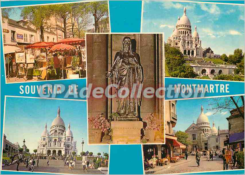 Montmartre — vue panoramique avec Sacré-Cœur, statue et rue animée — Souvenir de Montmartre, éditeur inconnu