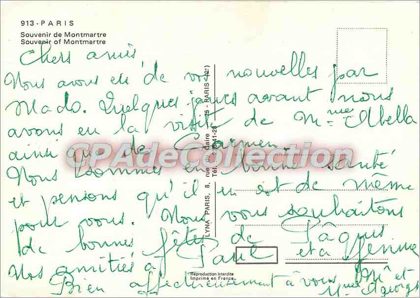 Montmartre — vue panoramique avec Sacré-Cœur, statue et rue animée — Souvenir de Montmartre, éditeur inconnu — Verso