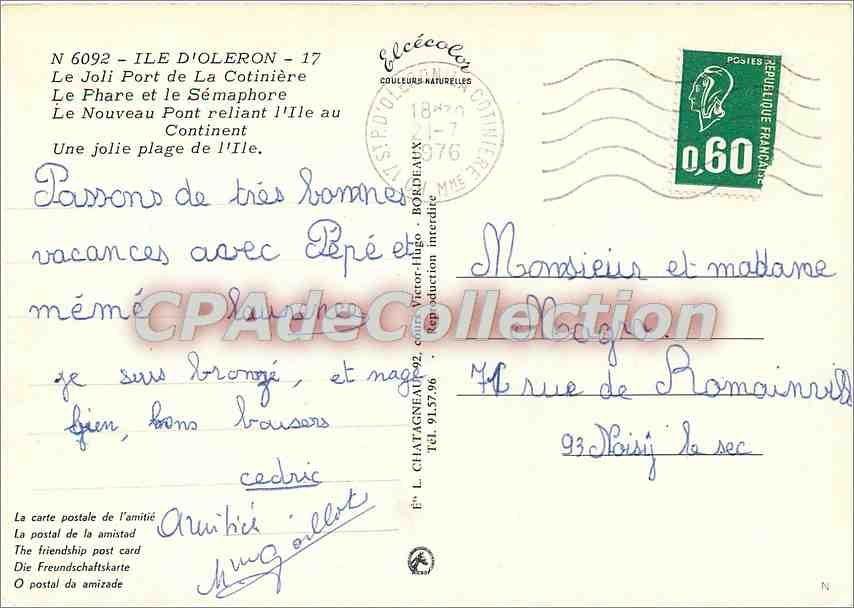 The Island of Oléron — Souvenir of the Island of Oléron — Publisher Elcée, no. 6092 — Back