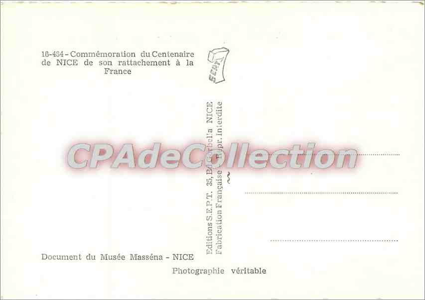 CPSM Commemoration du Centenaire de Nice de son rattachement a la france — Back