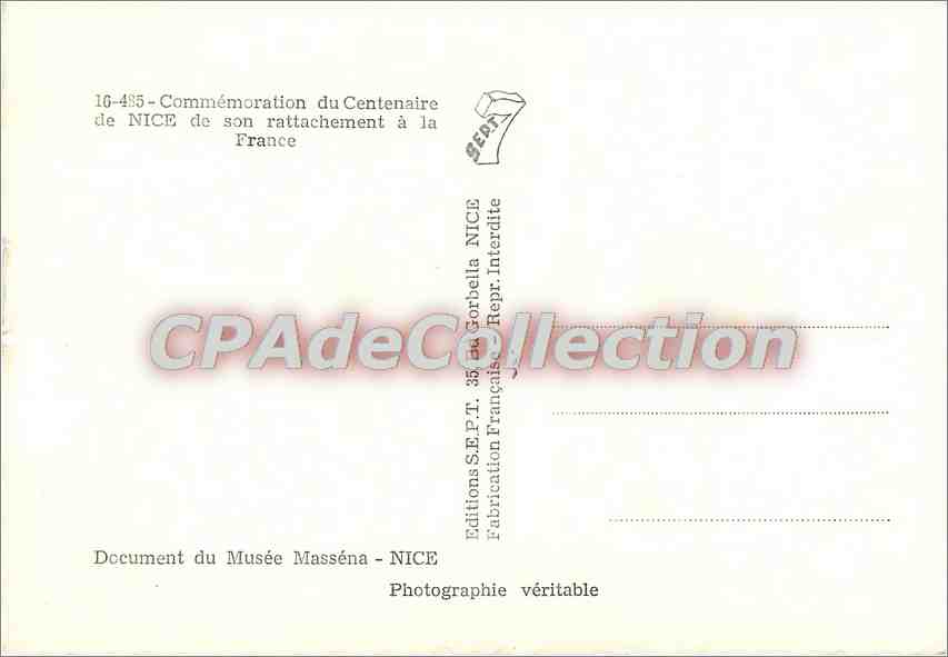 CPSM Commemoration du Centenaire de Nice de son rattachement a la france — Rückseite