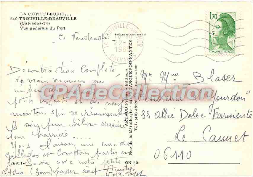 La Côte Fleurie — Vue générale du Port — Éditeur Artaud Frères, n° 240 — Achterkant