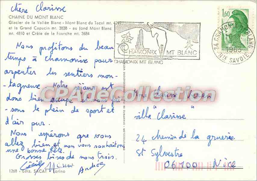 CPSM Chaine du Mont Blanc Glacier de la Vallee Blanc Mont Blanc du Tacul m 4249 — Verso
