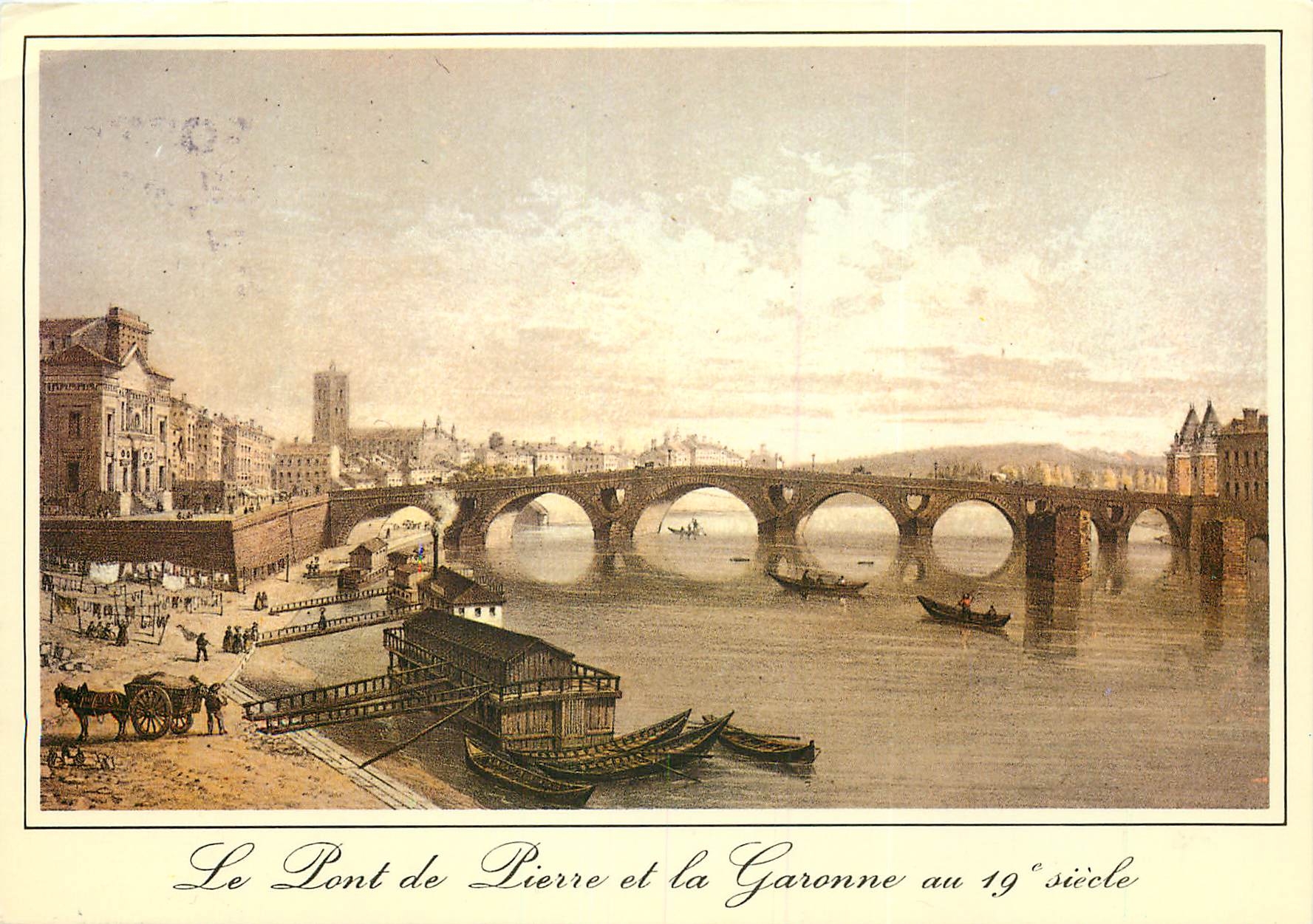 Le Pont de Pierre et la Garonne au 19e siècle — Collection du Musée du Vieux Toulouse, dessiné d'après nature et lithographié en couleurs par Ch. MERCEREAU