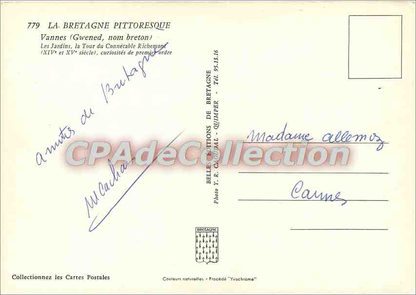 CPSM La Bretagne Pittoresque Vannes (Gwened nom breton) les jardins la Tour du Connetable Richemont — Verso
