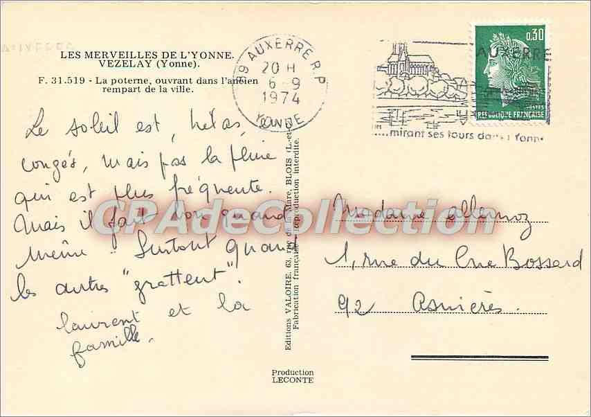 La poterne de Vézelay — ouvrant dans l'ancien rempart de la ville — Éditions Véloïte, n° F.31.519 — Rückseite